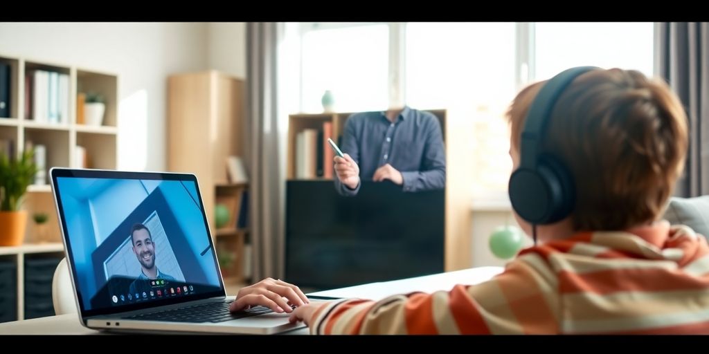 Student and tutor with diverse backgrounds connecting online.