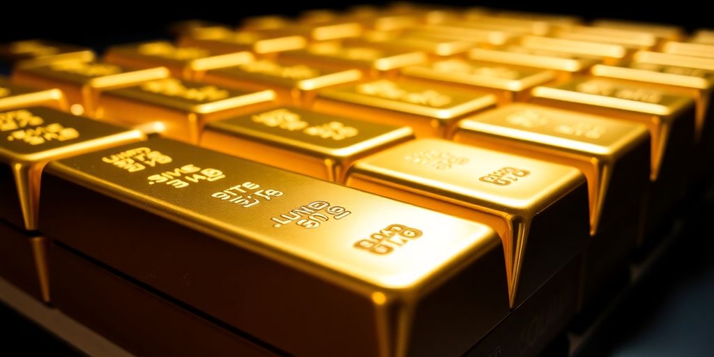 Des lingots d'or empilés sur un fond sombre.