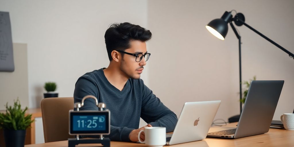 Person working with a timer on desk for productivity.