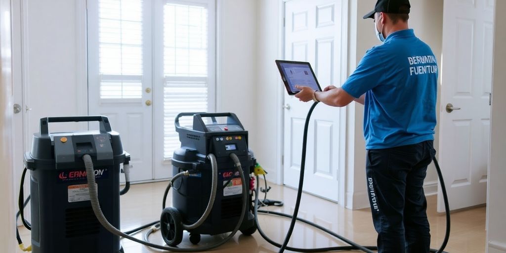 Technician using equipment for water cleanup restoration services.