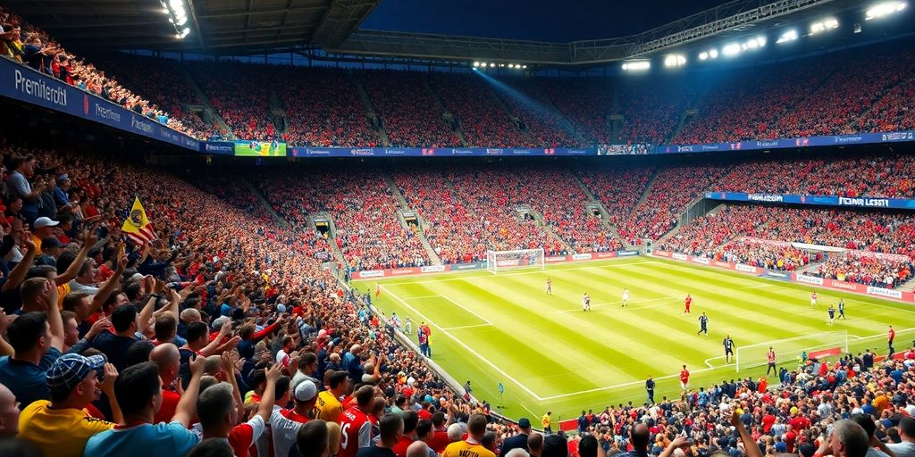Packed football stadium with cheering fans during a match.