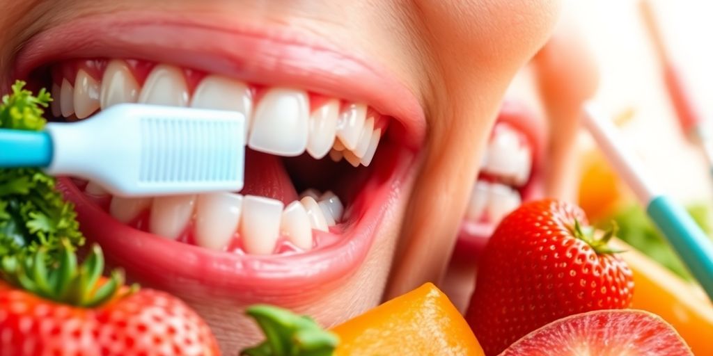 Bright healthy teeth with fruits and dental tools.