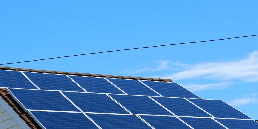 Solar panels on a roof, power lines nearby.
