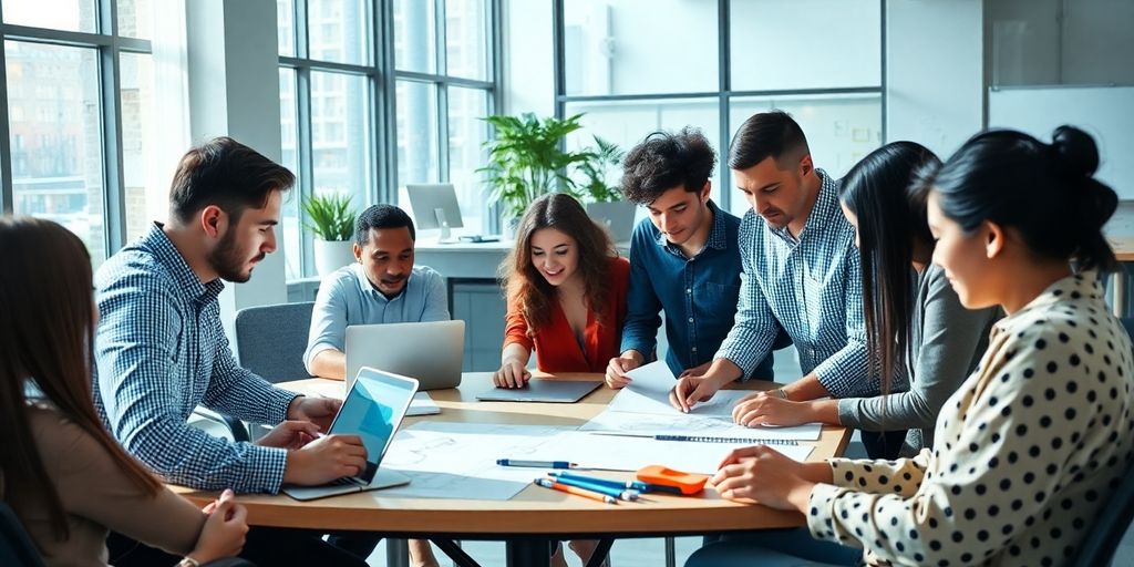 Collaborative workspace with diverse teams designing products.
