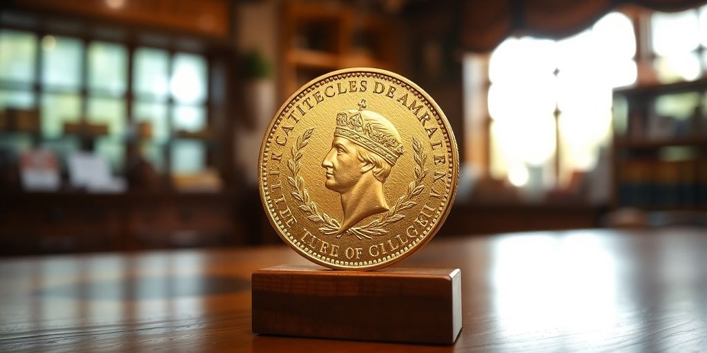 Pièce en or Napoléon sur un présentoir en bois.