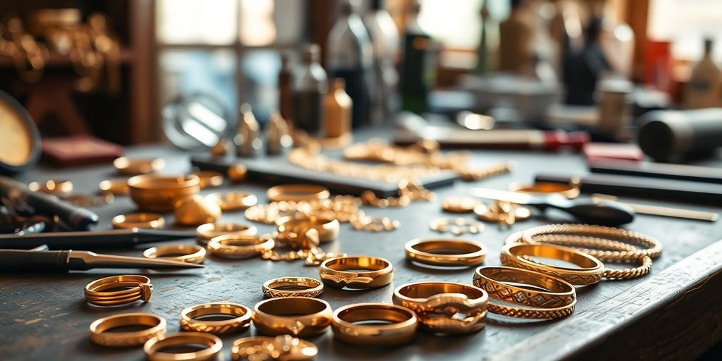 Photo de bijoux en or sur un plan de travail de bijoutier.