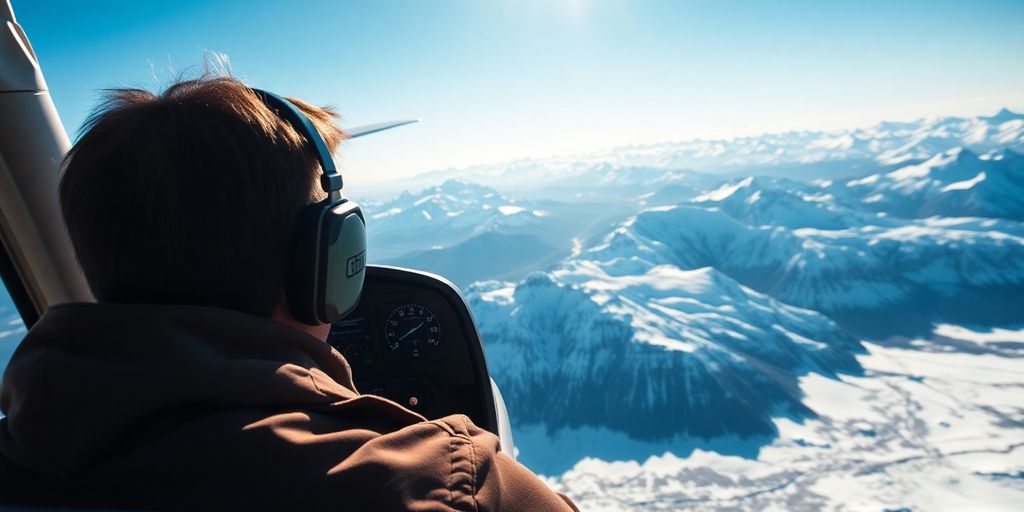 A pilot flying a small plane over snowy Alaskan mountains.