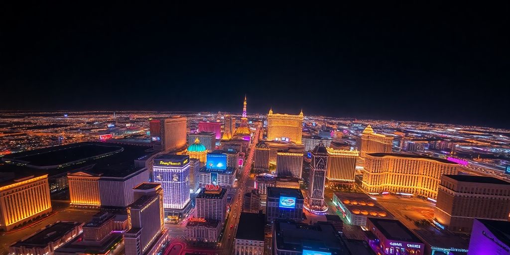 A helicopter flying over the brightly lit Las Vegas Strip.
