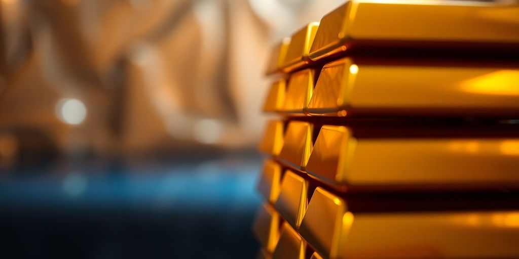Des barres d'or empilées dans un cadre luxueux.