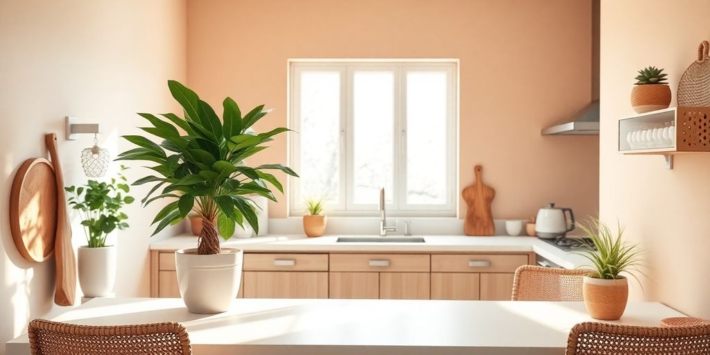Warm kitchen, natural light, inviting colors, modern design.
