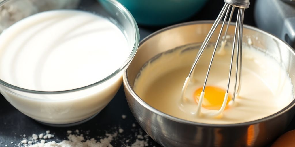 Bowl of milk with whisk and baking ingredients.