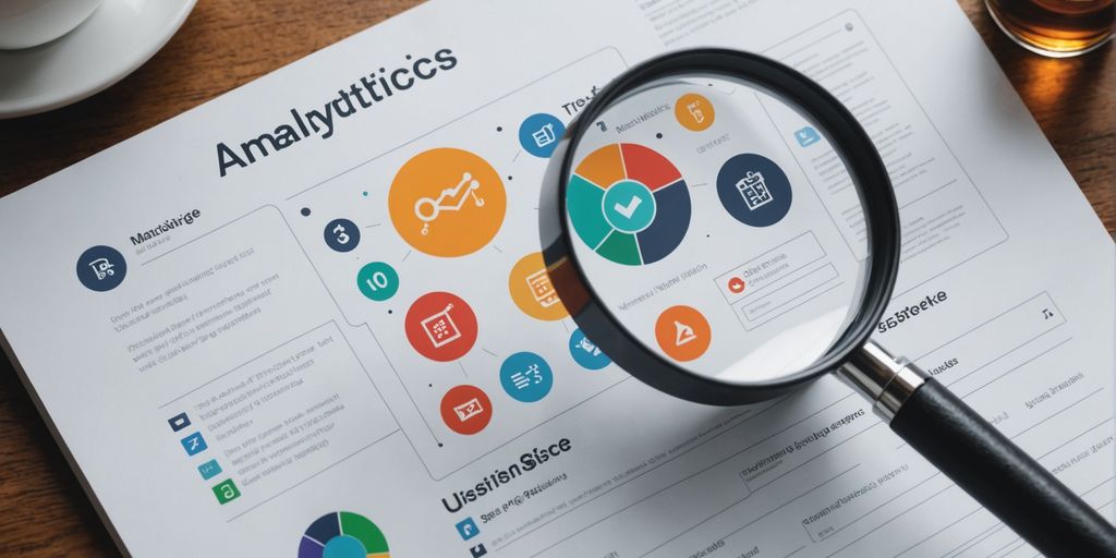 Magnifying glass over website layout with analytics icons.