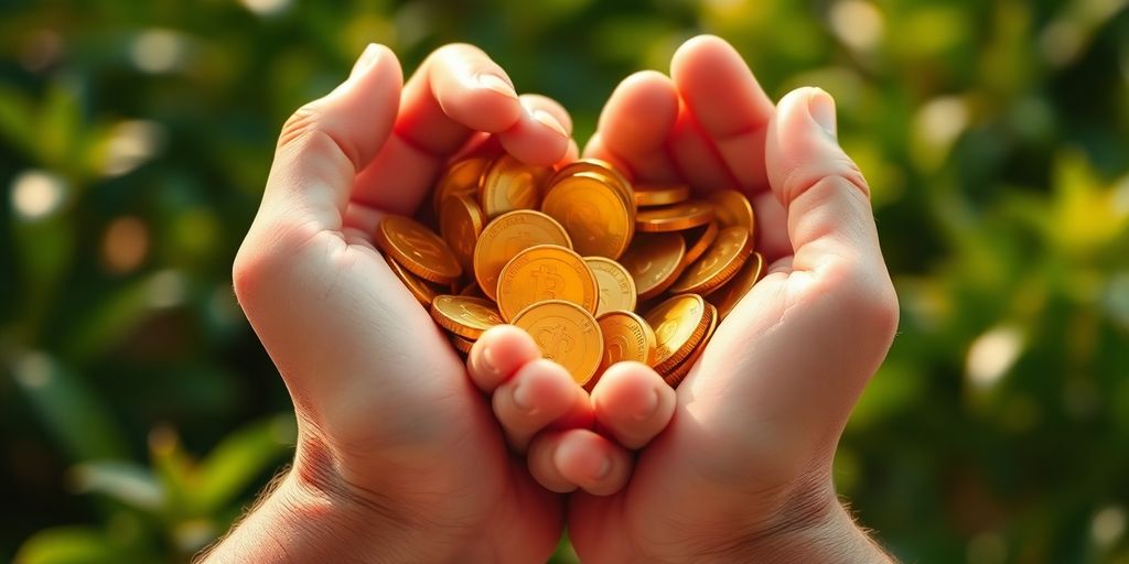 Hands holding golden coins against a blurred green background.