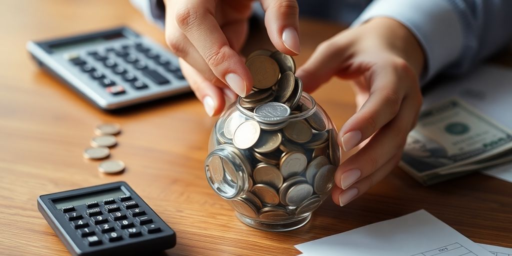 Mãos segurando moedas perto de uma calculadora e um cofrinho.