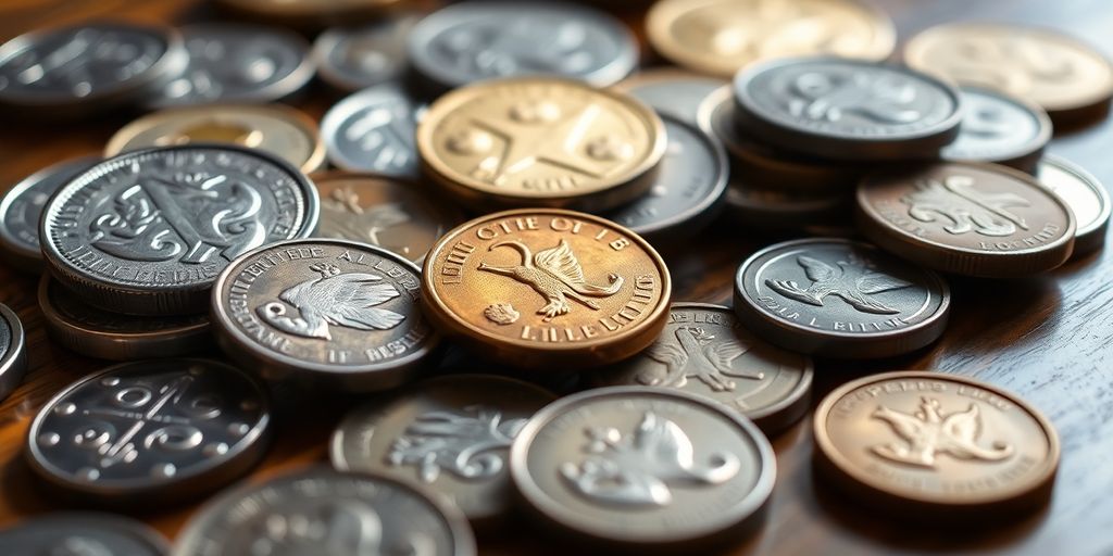 Close-up of collectible coins on a wooden surface.