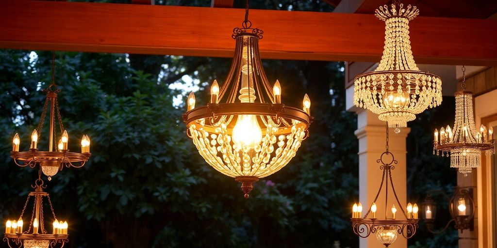 Stunning outdoor chandelier illuminating a stylish patio setting.