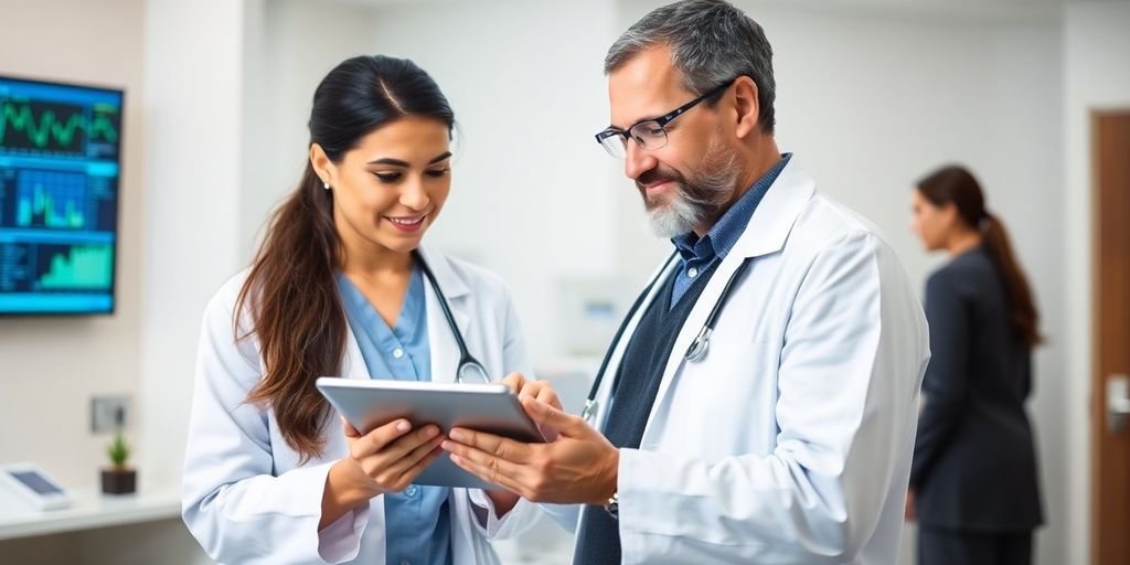 Healthcare professional with digital tablet and technology.