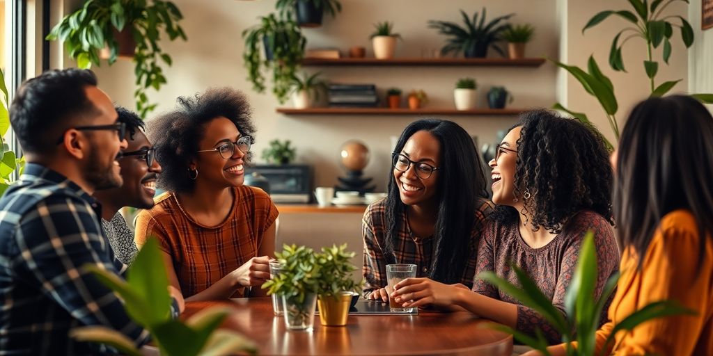 Diverse group collaborating in a cozy coffee shop.