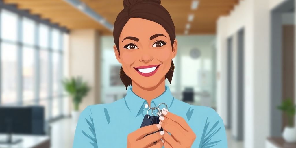 Professional leasing consultant smiling, holding keys.