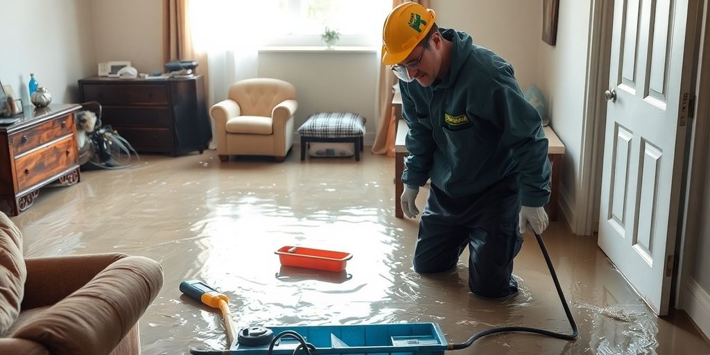 Water damage restoration expert assessing a flooded living space.