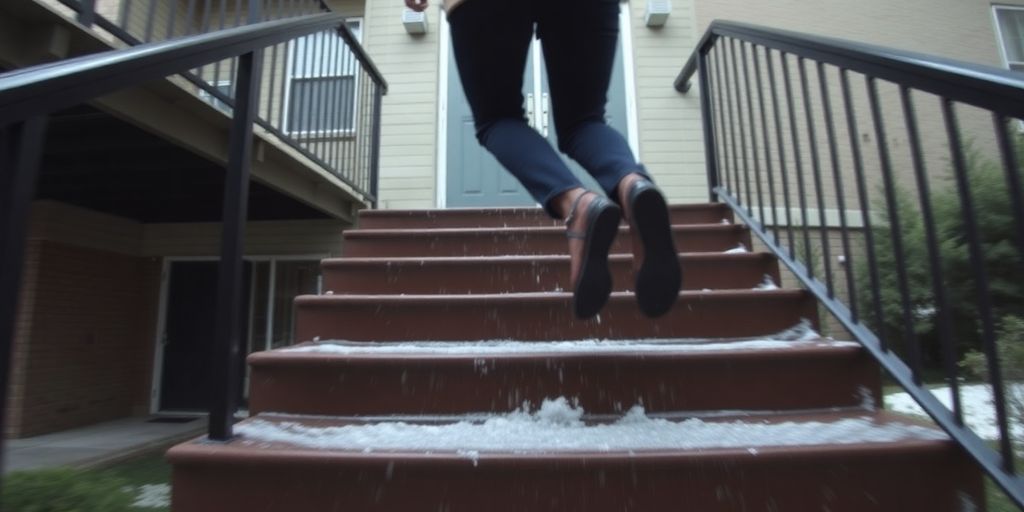 Person falling down apartment complex stairs.
