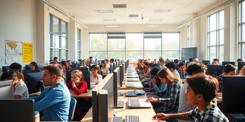 Students learning in a bright, modern classroom.