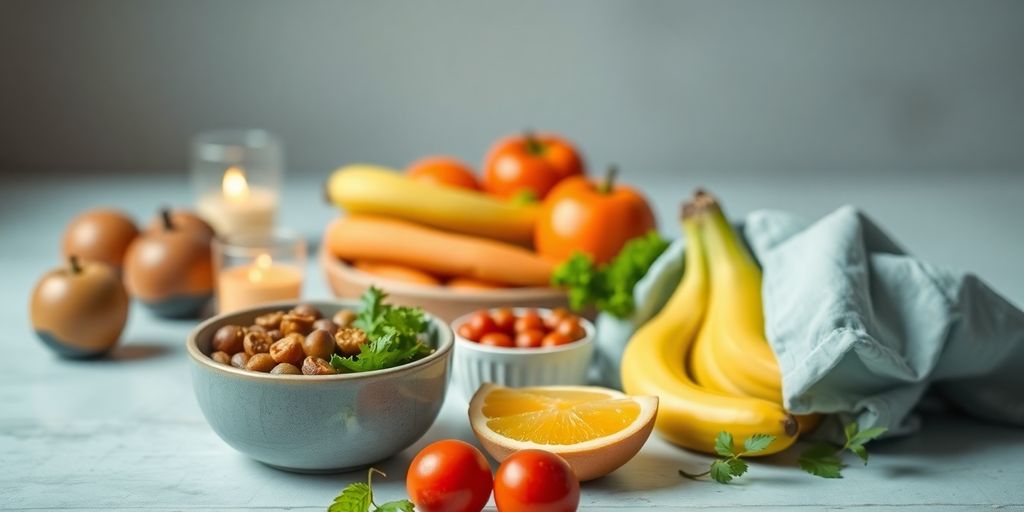 Alimentos saudáveis e atmosfera calma para jejum intermitente.