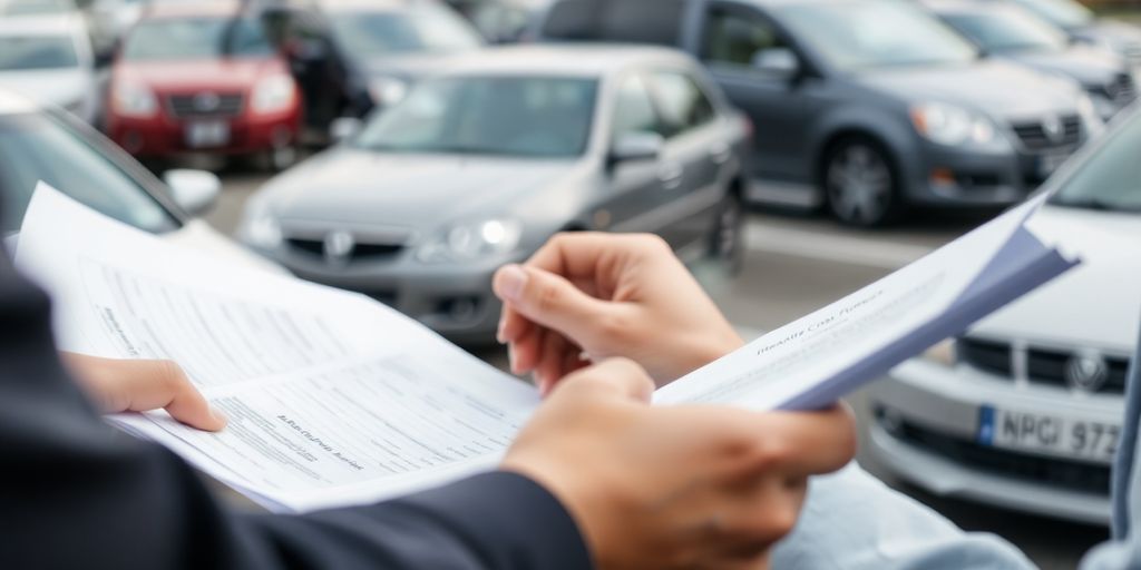 Lawyer analyzing multi-vehicle accident details with cars visible.