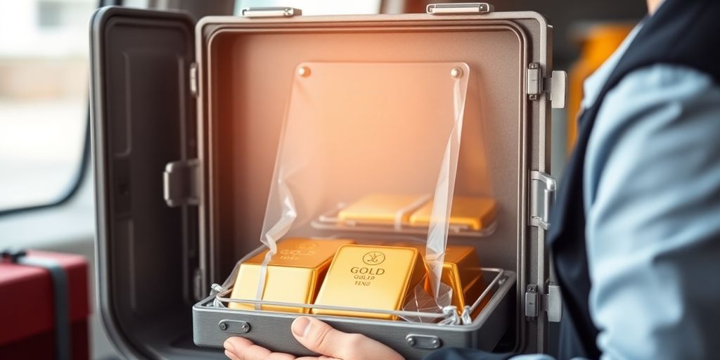 Transport sécurisé de l'or dans un cas verrouillé.