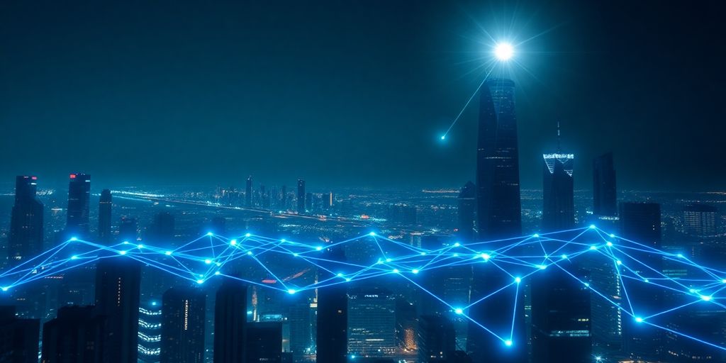 Digital patterns connect futuristic city buildings with blockchain light.
