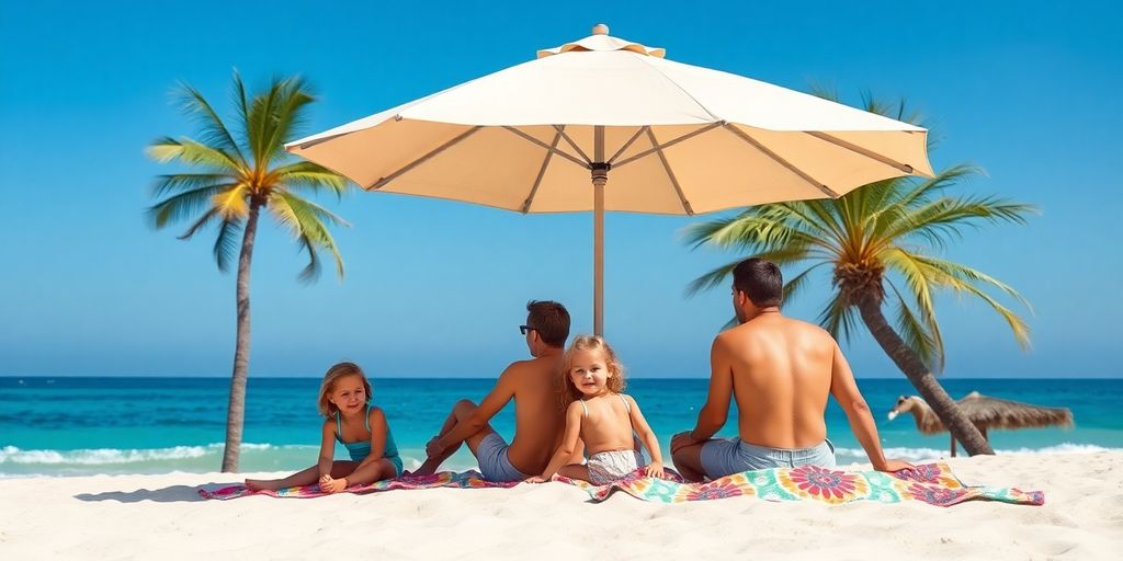 Family relaxing on Cabo beach with ocean and palms.