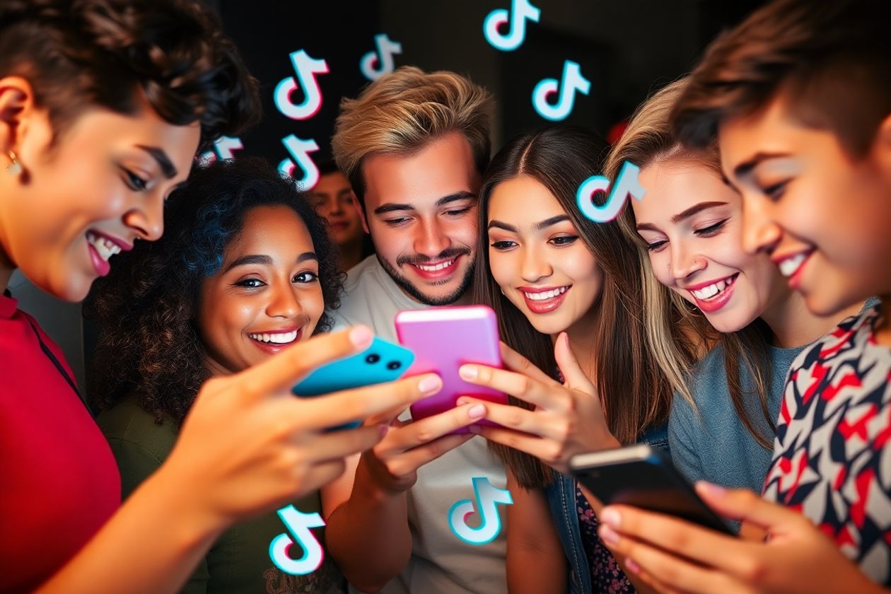 Young people using smartphones with TikTok branding around.