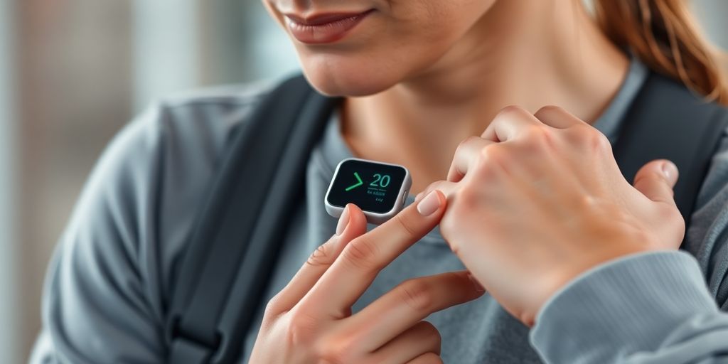 Person checking a small, sleek device attached to their arm.