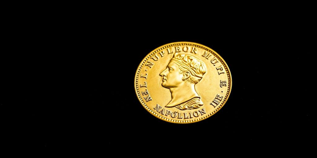 Pièce en or de Napoléon Ier sur fond sombre.
