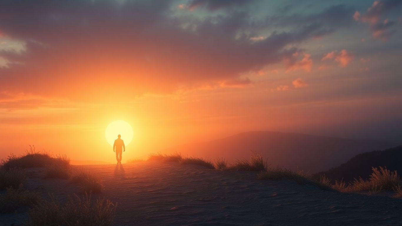 Pioneering figure forging ahead in an expansive, illuminated landscape.