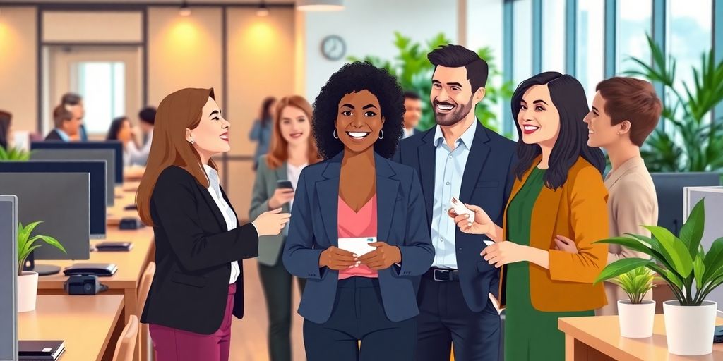Friendly professionals networking in modern office exchanging cards and smiles