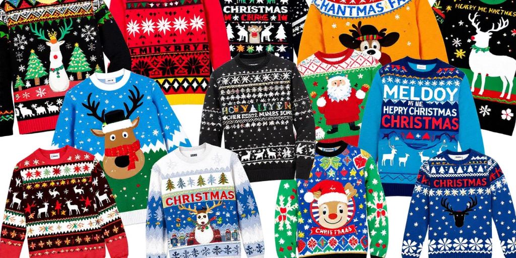 Colourful Christmas jumpers in various patterns and styles.