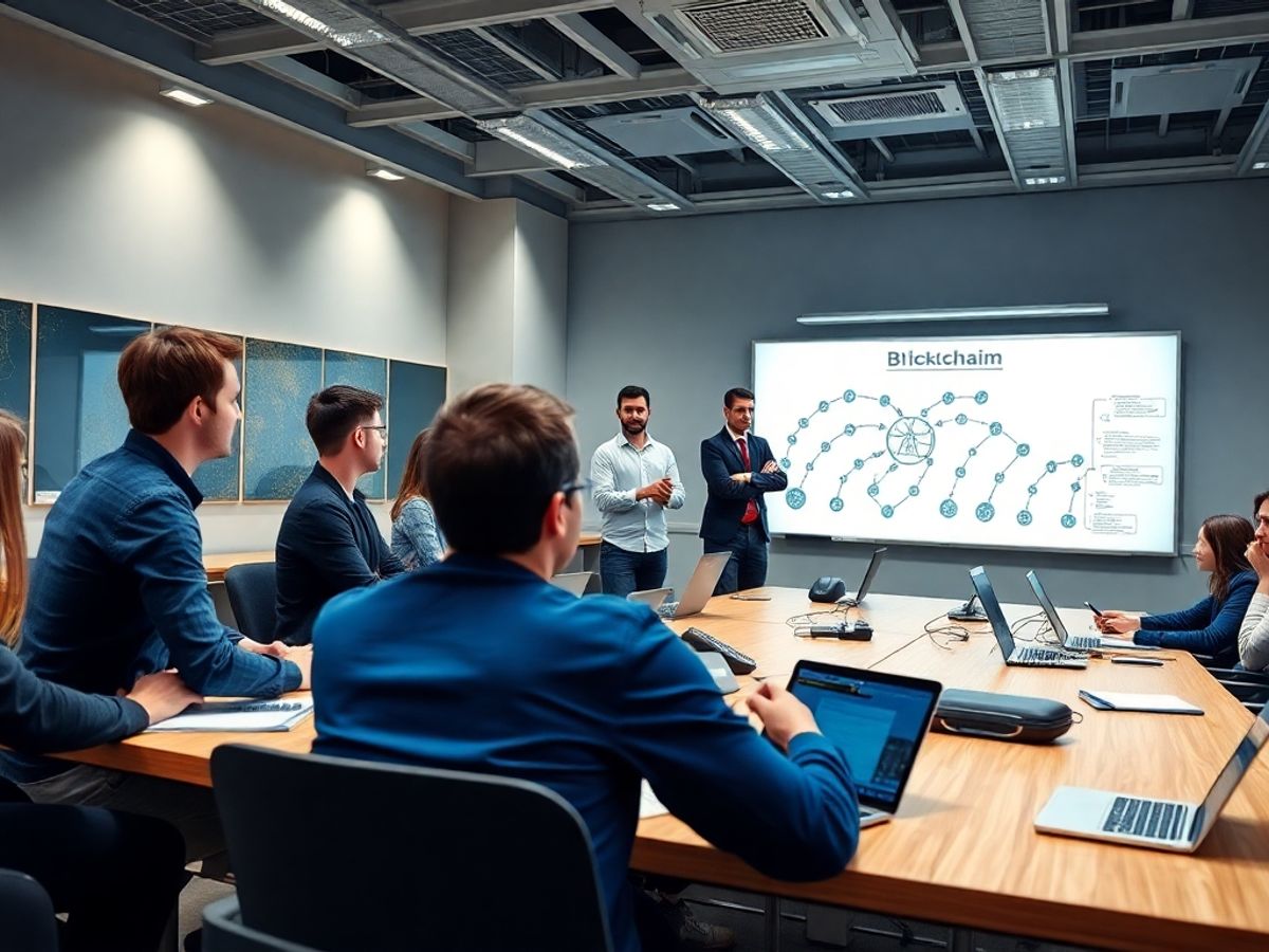 Students engaged in a blockchain technology learning environment.