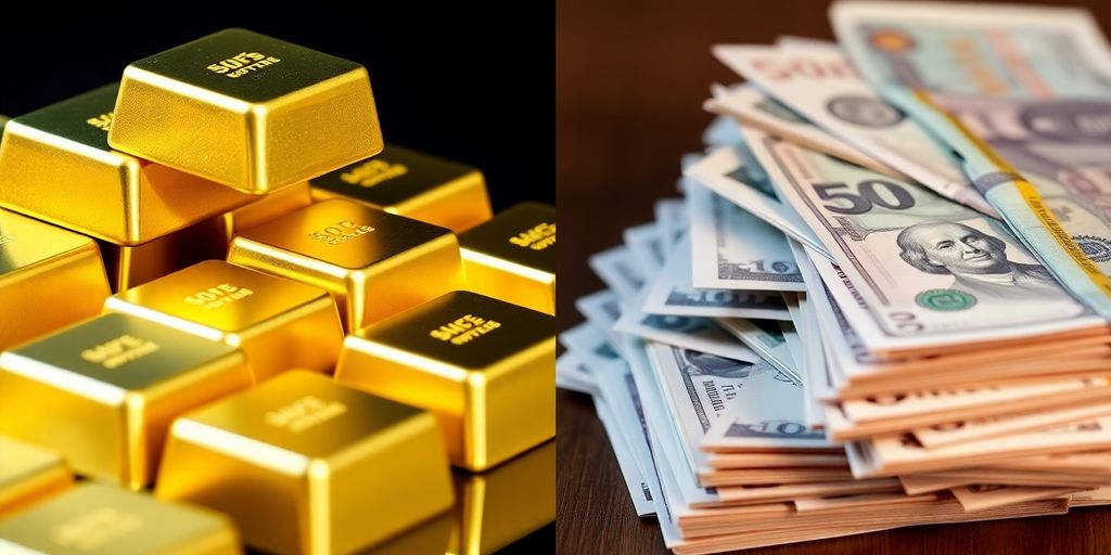 Lingots d'or et billets de banque empilés