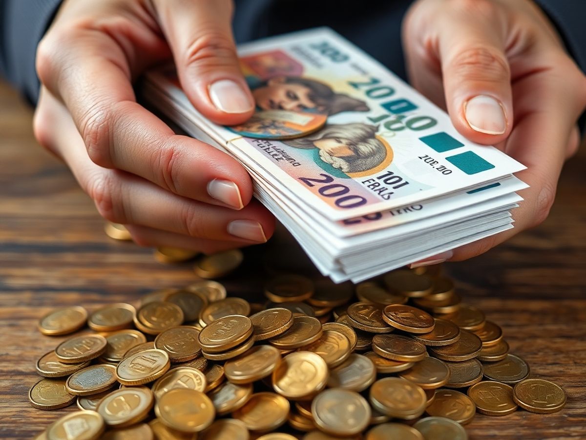 Mâini strângând monede și bancnote.