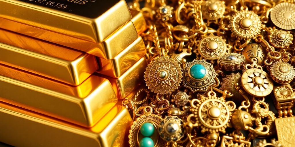 Lingots d'or neuf et bijoux recyclés