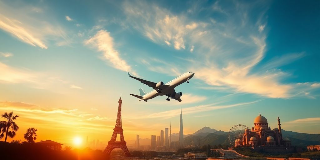 Airplane soaring over diverse global landscapes.