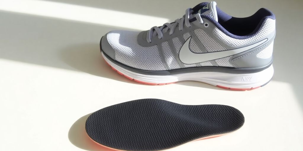 Nike Revolution 4 shoe with removable insole next to it.