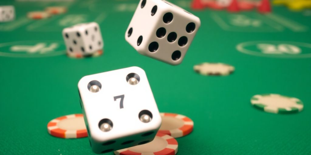 Dice rolling on a craps table.