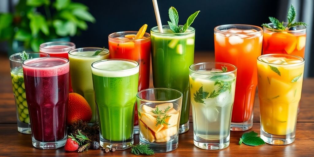 Colorful healthy beverages on a wooden table.