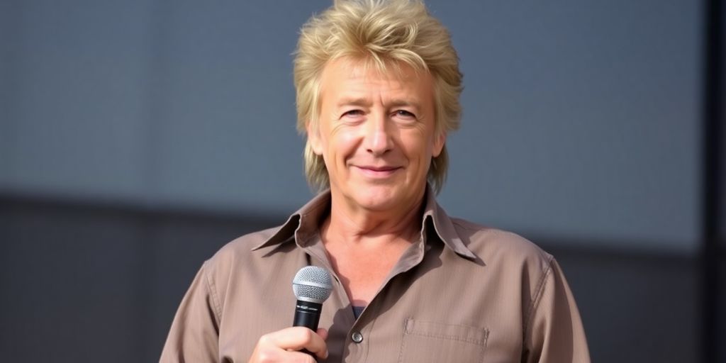 Rod Stewart standing, smiling.