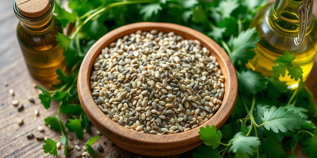 Sesame seeds in bowl with herbs and sesame oil