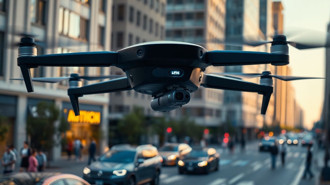 Drone survolant la rue, identifiant voitures et personnes en bas.