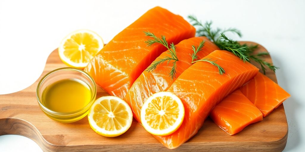 Salmon fillets with lemon slices and dill on wooden board