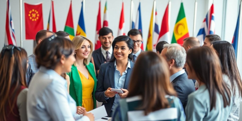 Diverse professionals discussing global communication with world flags.